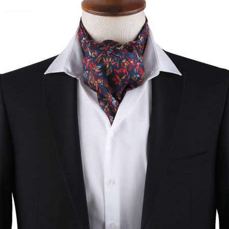 Men’s Navy Blue Ornamental Floral Satin Ascot Cravat