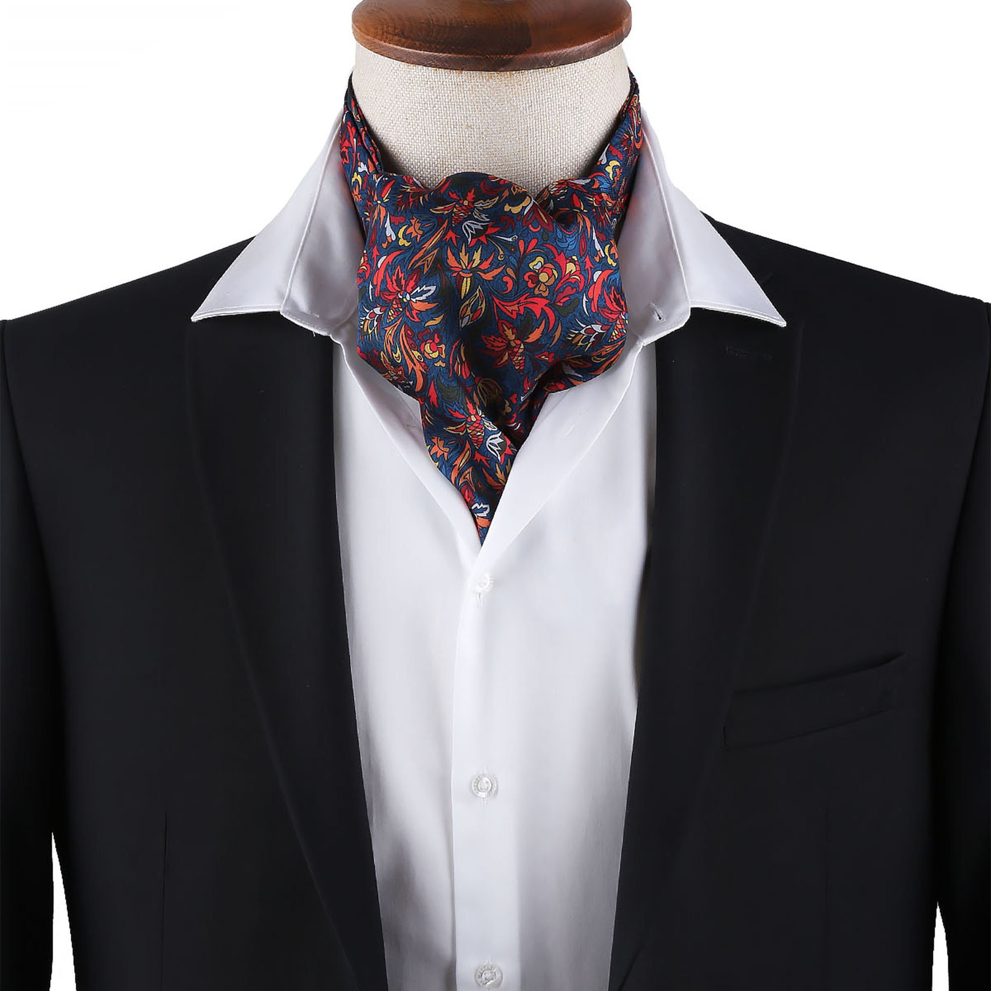 Men’s Navy Blue Ornamental Floral Satin Ascot Cravat