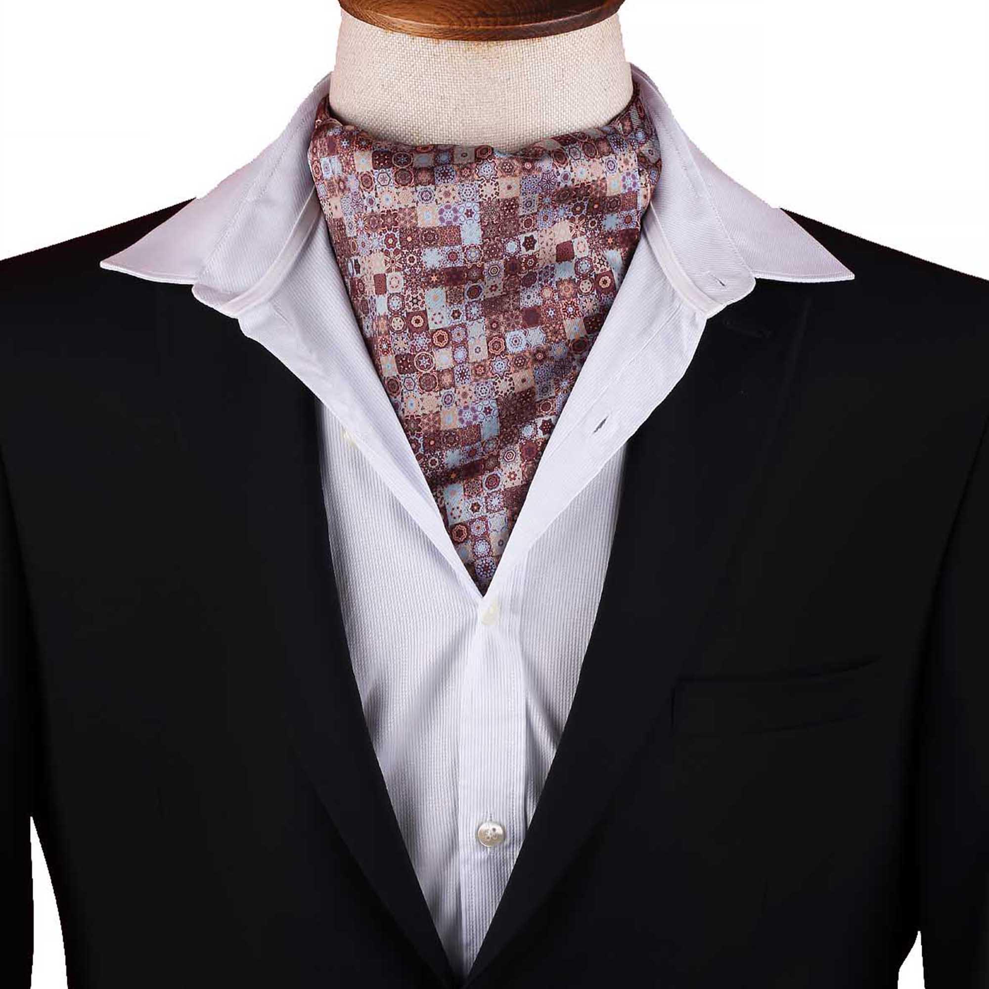 Men’s Burgundy Blue Mosaic Patchwork Satin Ascot Cravat