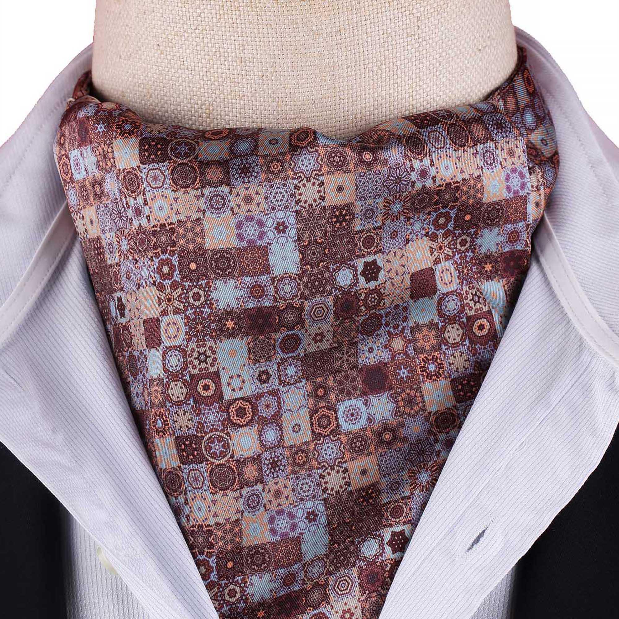 Men’s Burgundy Blue Mosaic Patchwork Satin Ascot Cravat - Image 4