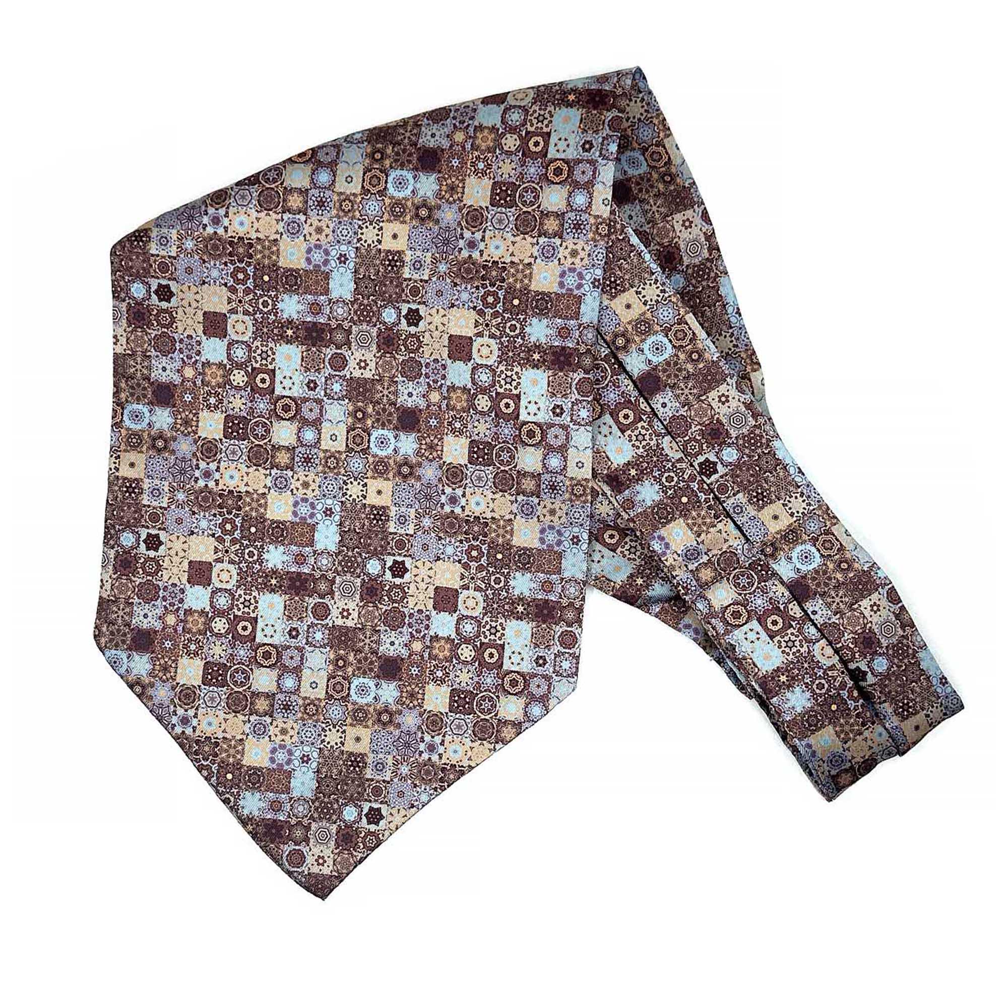 Men’s Burgundy Blue Mosaic Patchwork Satin Ascot Cravat - Image 3