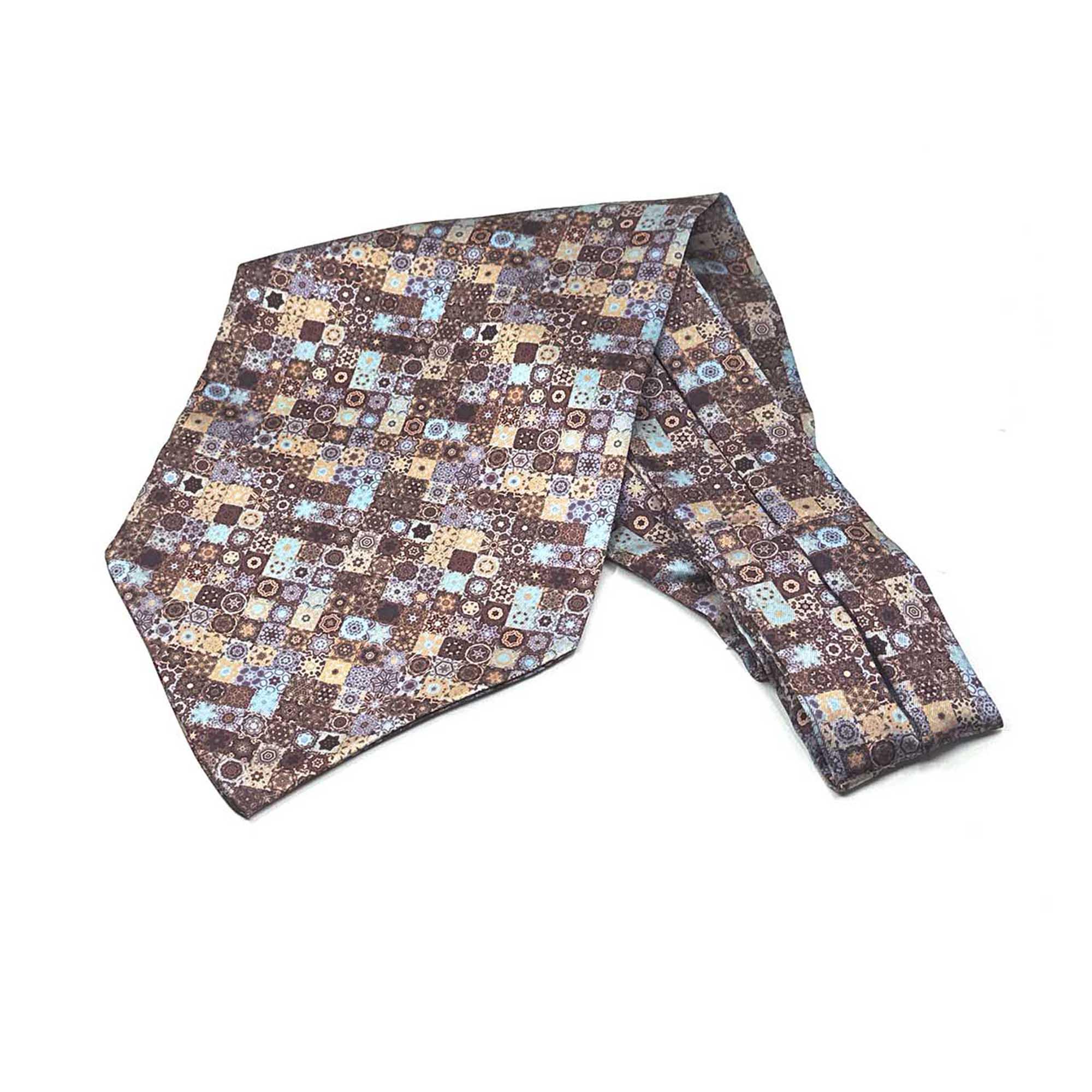 Men’s Burgundy Blue Mosaic Patchwork Satin Ascot Cravat - Image 2
