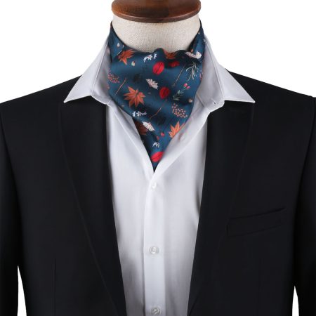 Men’s Navy Blue Autumn Leaf Print Satin Ascot Cravat