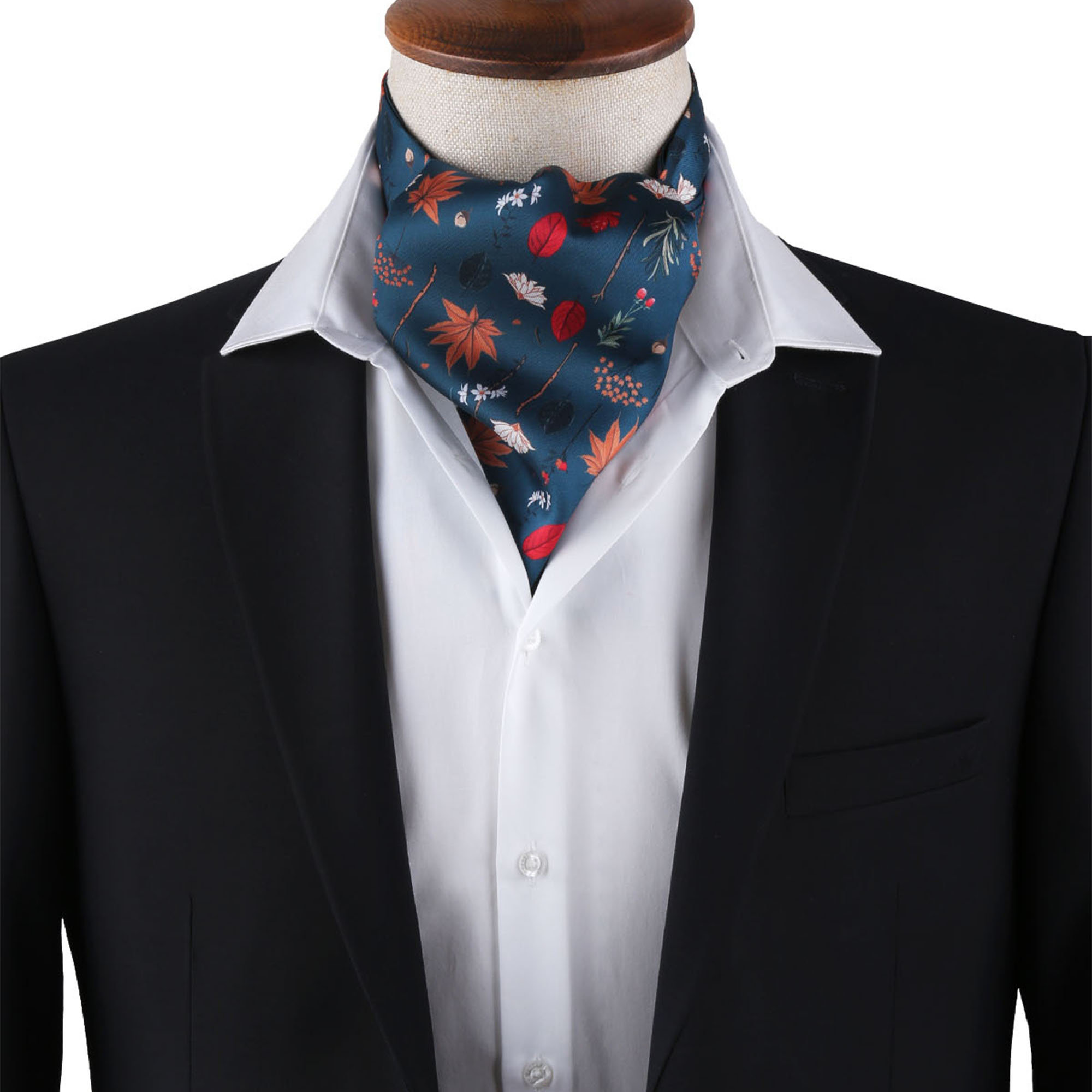 Men’s Navy Blue Autumn Leaf Print Satin Ascot Cravat