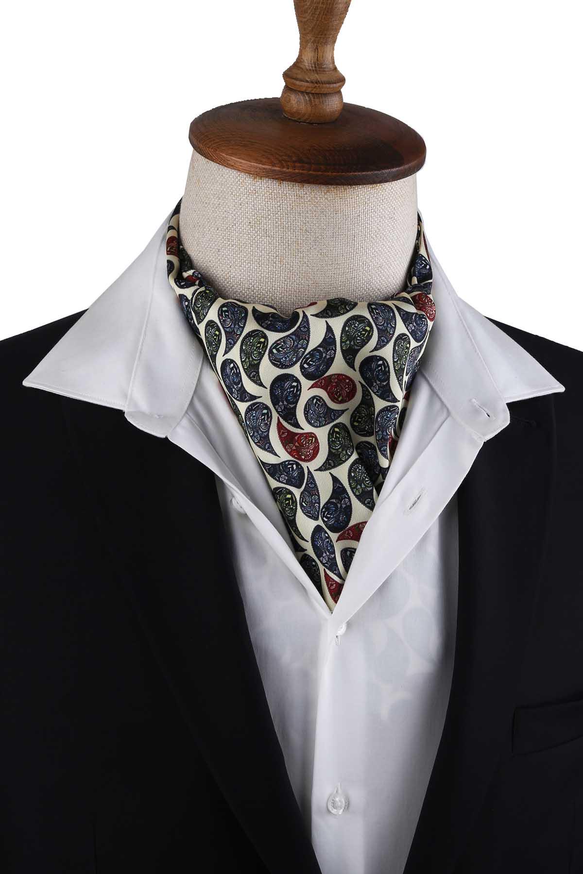 Men’s Cream Multicolor Paisley Satin Ascot Cravat - Image 4