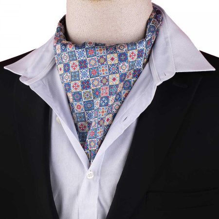 Men’s Blue Mosaic Tile Print Satin Ascot Cravat