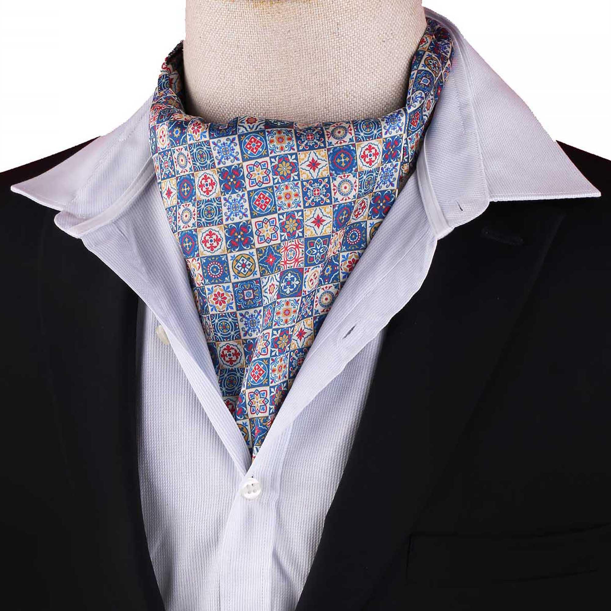 Men’s Blue Mosaic Tile Print Satin Ascot Cravat