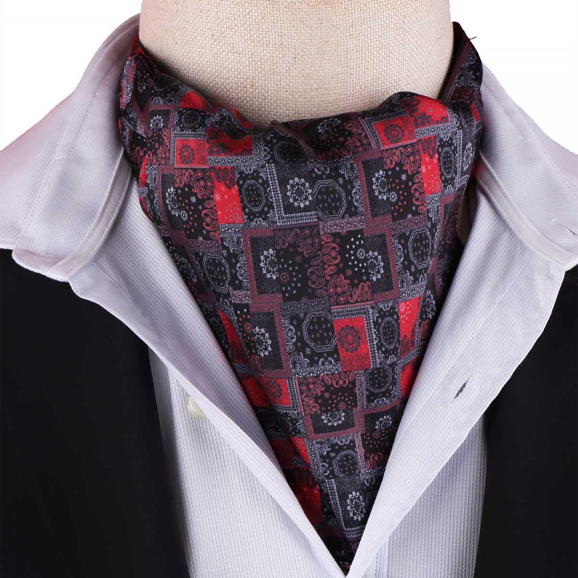 Men’s Black and Red Patchwork Paisley Satin Ascot Cravat