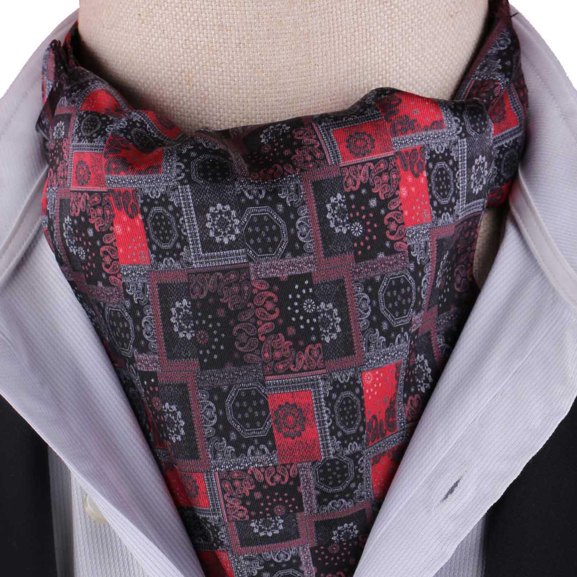 Men’s Black and Red Patchwork Paisley Satin Ascot Cravat - Image 5