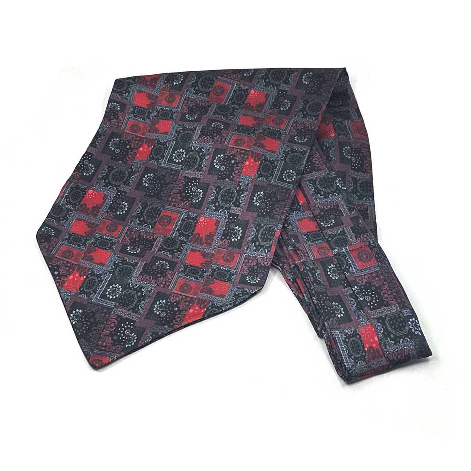 Men’s Black and Red Patchwork Paisley Satin Ascot Cravat - Image 2