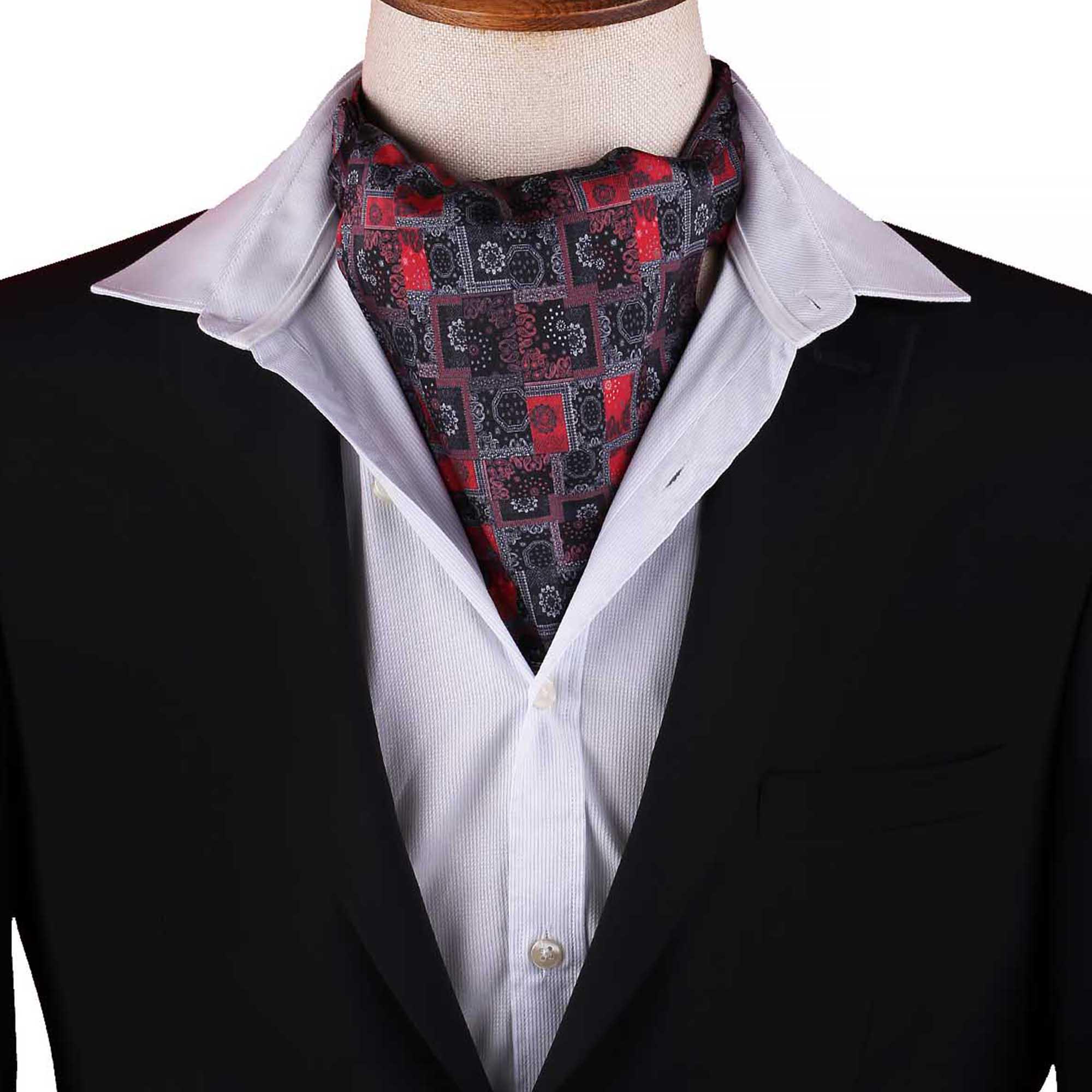 Men’s Black and Red Patchwork Paisley Satin Ascot Cravat - Image 4