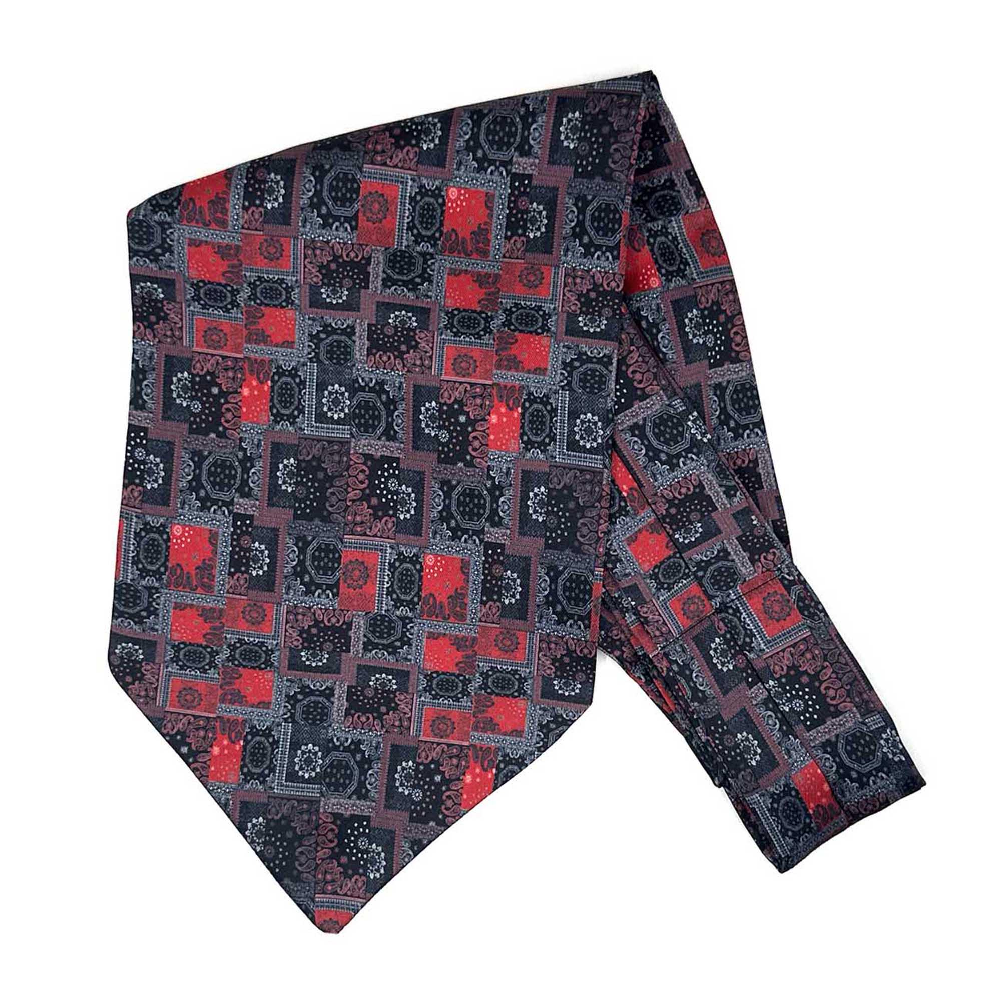 Men’s Black and Red Patchwork Paisley Satin Ascot Cravat - Image 3