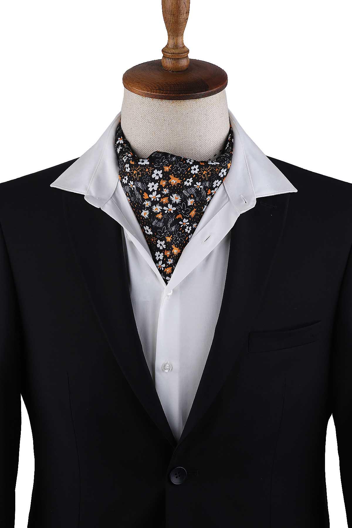Men’s Black Wildflower Print Satin Ascot Cravat