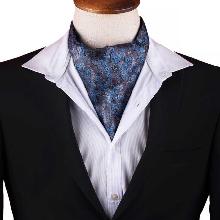 Men’s Grey and Blue Botanical Floral Satin Ascot Cravat