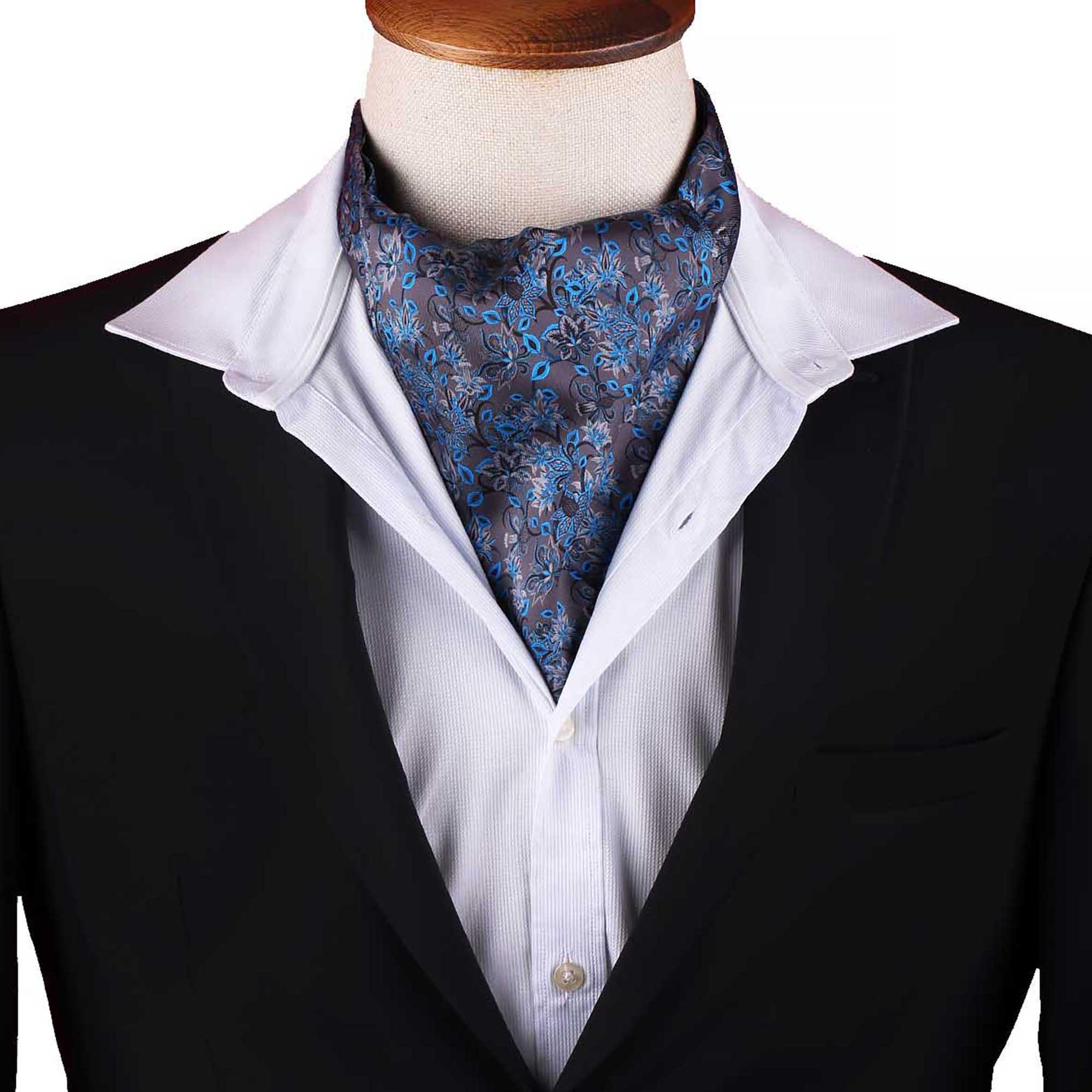 Men’s Grey and Blue Botanical Floral Satin Ascot Cravat