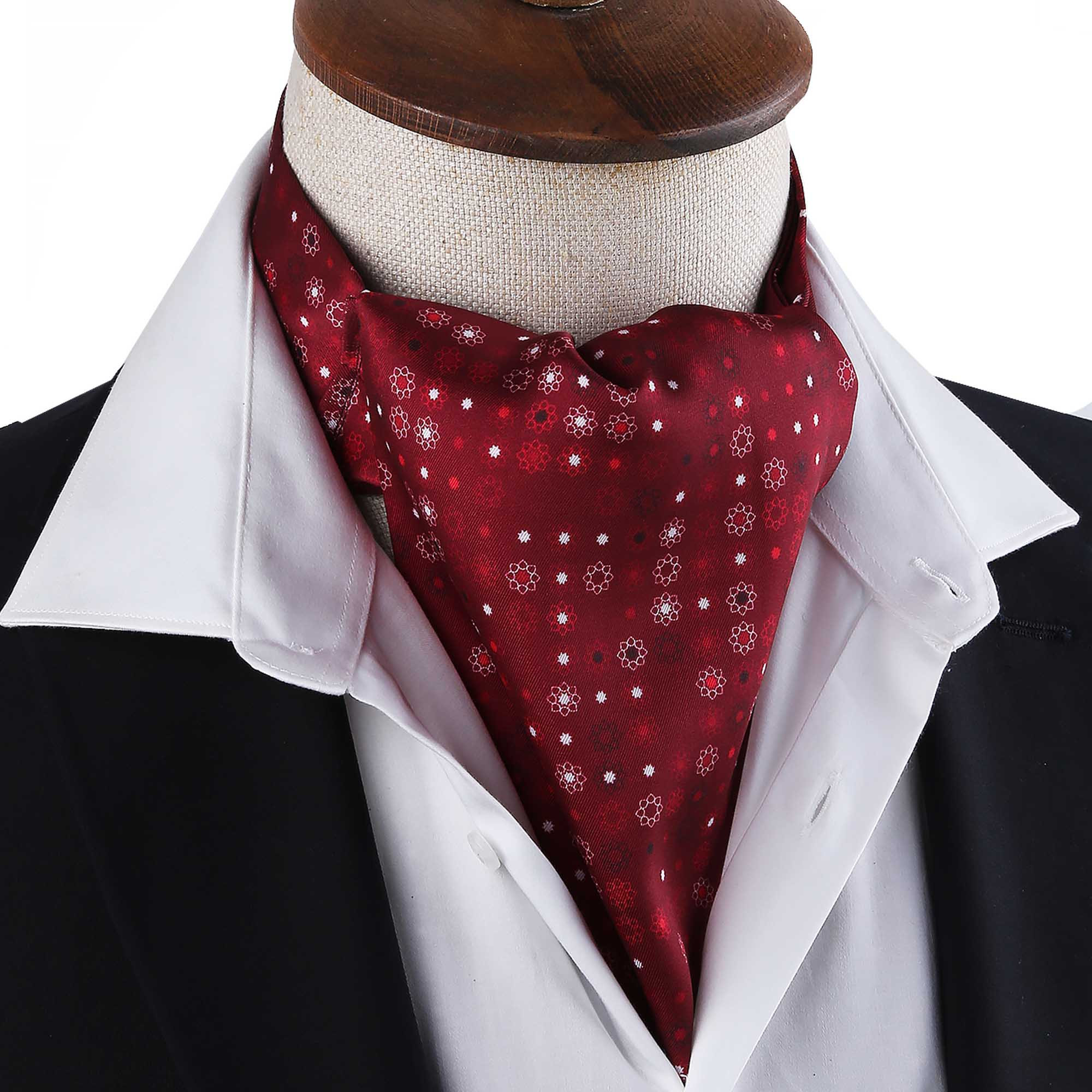 Men’s Burgundy Red Micro Floral Satin Ascot Cravat - Image 4